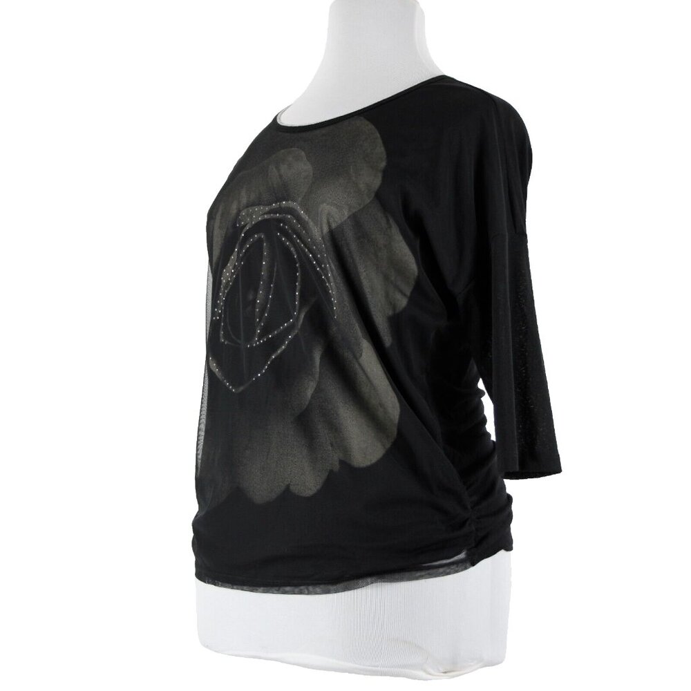 Clothes Head Sz L Black Cream Rose Mesh Overlay Polyester Spandex Top
